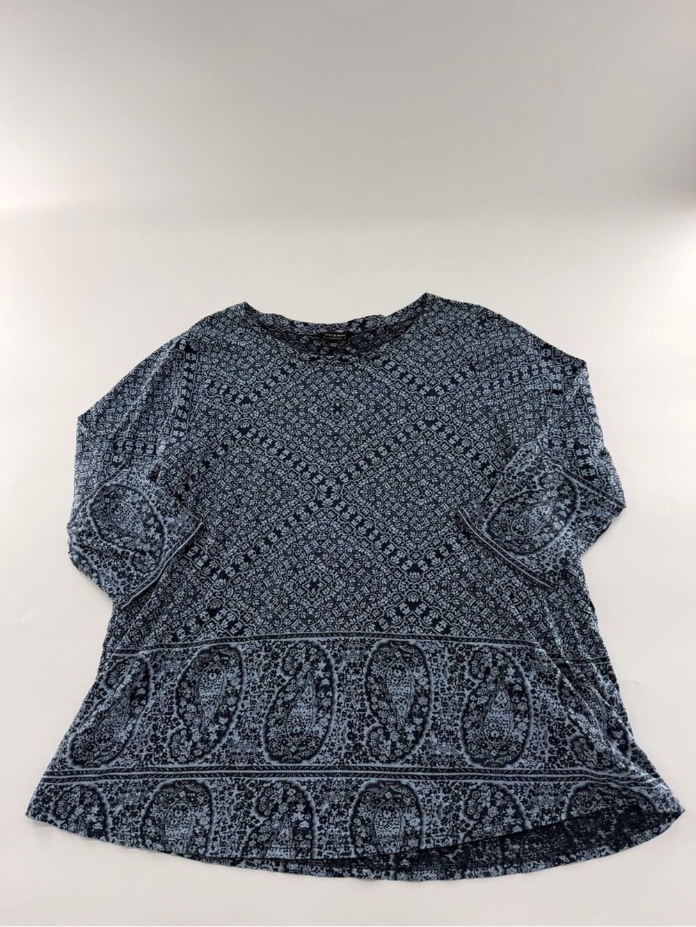 Lucky Brand Navy Blue Paisley Boho Shirt Top Womenâs 1X Plus Size Quarter Sleeve